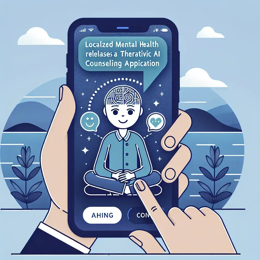 "Ilustrasi aplikasi konseling kesehatan mental berbasis AI yang diluncurkan oleh startup lokal, menampilkan antarmuka pengguna yang ramah dan fitur terapeutik untuk mendukung kesehatan mental."