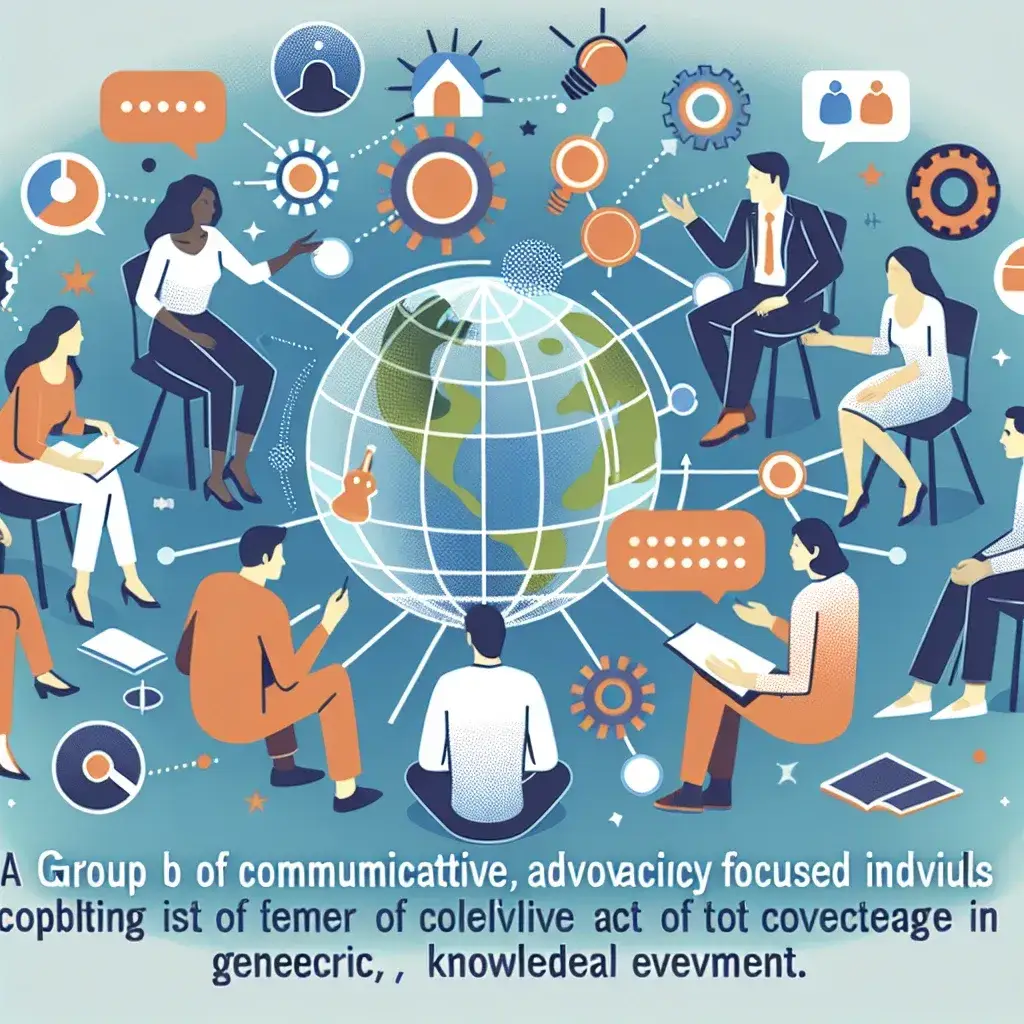 "Ilustrasi kelompok advokasi NOYB menerapkan taktik pemulihan kolektif dalam perlindungan data, dengan anggota berbagi informasi dan strategi untuk mengejar keadilan digital."