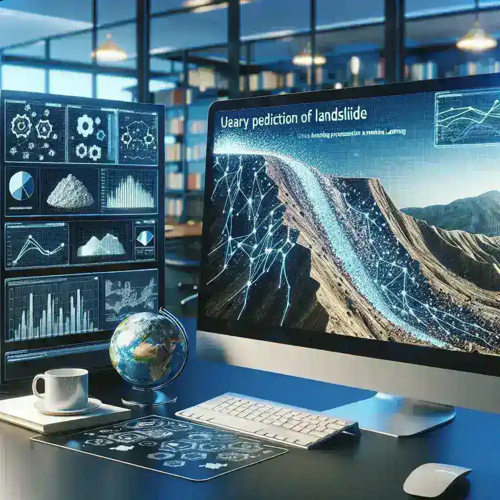 "Ilustrasi teknologi machine learning yang digunakan oleh BMKG untuk memprediksi dini tanah longsor, menampilkan grafik data analisis dan peta wilayah rawan longsor."